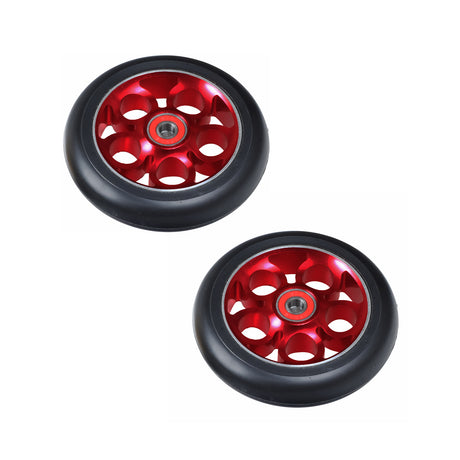 110 mm Pro Replacement Wheels for Fuzion Z250 & Z300 Pro Kick Scooters (Set of 2), featuring black rubber tires and red-rimmed 5-clover metal alloy hubs.