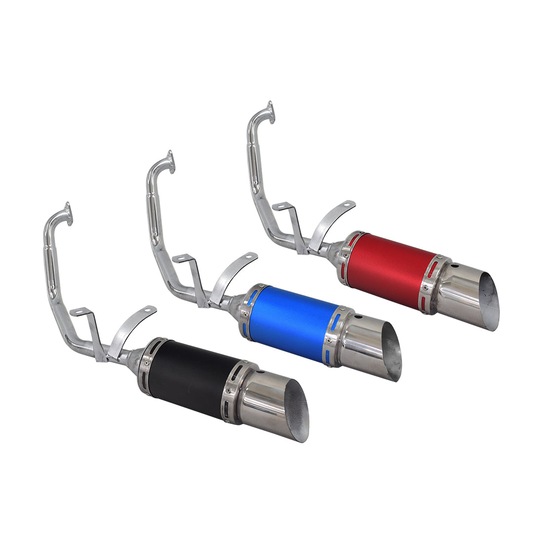 Short Performance Exhaust System for GY6 150cc Scooters & Go-Karts, featuring a sleek muffler alongside the necessary pipe, gasket, clamp, and mounting hardware, shown in varied color options.