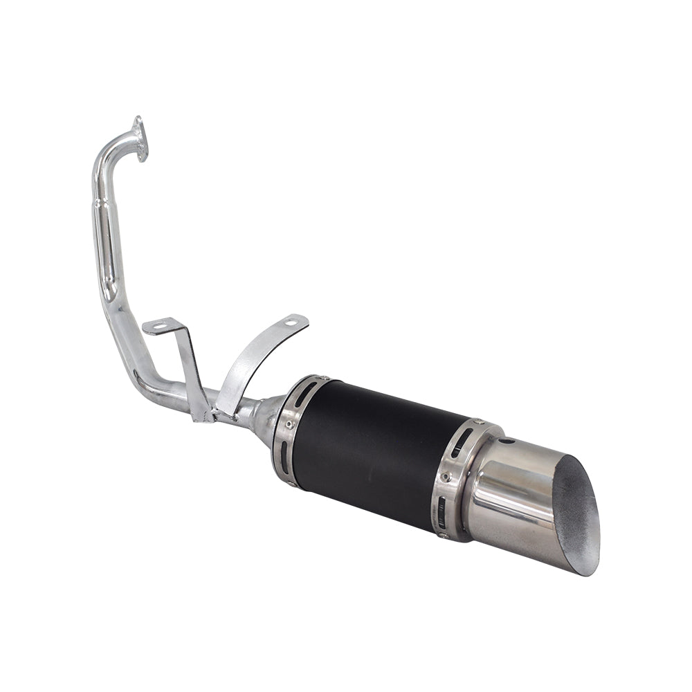 Short Performance Exhaust System for GY6 150cc Scooters & Go-Karts featuring a black and silver muffler with attached pipe, clamp, gasket, and mounting hardware.