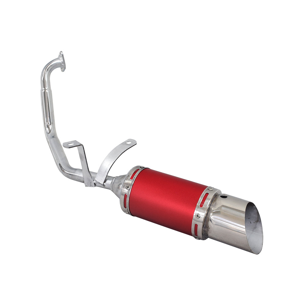 Short Performance Exhaust System for GY6 150cc Scooters & Go-Karts, showcasing a sleek red and silver muffler with a close-up of the metal pipe, detailing the essential components.