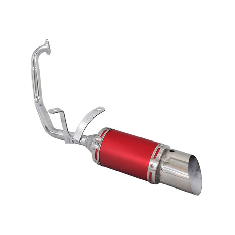 Short Performance Exhaust System for GY6 150cc Scooters & Go-Karts, showcasing a sleek red and silver muffler with a close-up of the metal pipe, detailing the essential components.