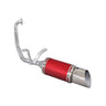 Short Performance Exhaust System for GY6 150cc Scooters & Go-Karts, showcasing a sleek red and silver muffler with a close-up of the metal pipe, detailing the essential components.