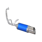 Short Performance Exhaust System for GY6 150cc Scooters & Go-Karts, featuring a detailed view of the blue and silver muffler with a connecting pipe and mounting hardware visible.