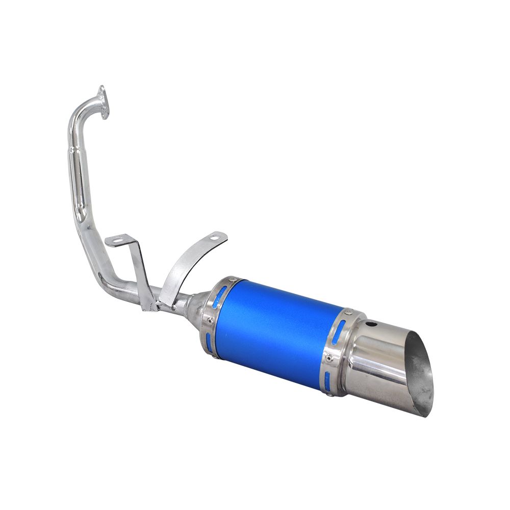 Blue Short Performance Exhaust System for GY6 150cc Scooters & Go-Karts, featuring a blue muffler with minor scratches, silver pipe, clamp, and mounting hardware; gasket not included.