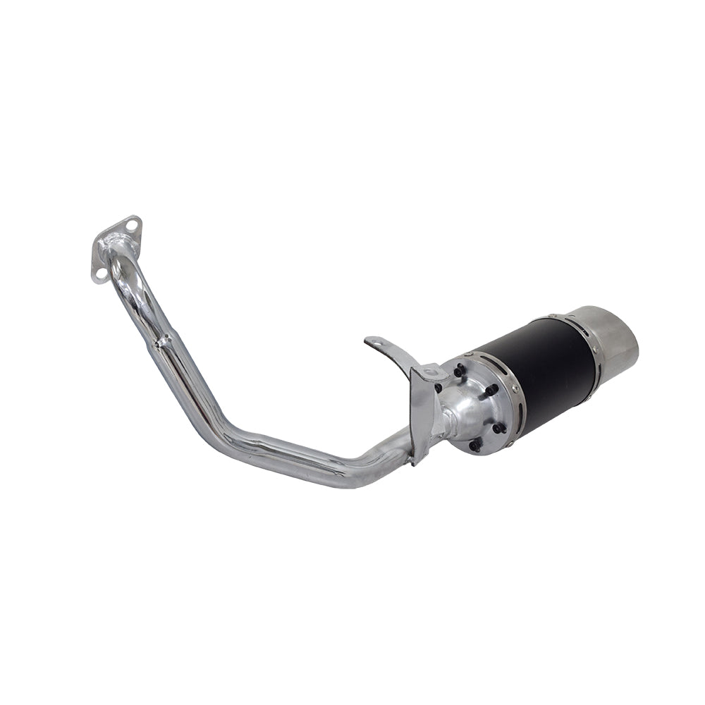 Short Performance Exhaust System for GY6 150cc Scooters & Go-Karts featuring a silver and black muffler, visible metal pipe, and mounting hardware, shown in a close-up of the muffler.