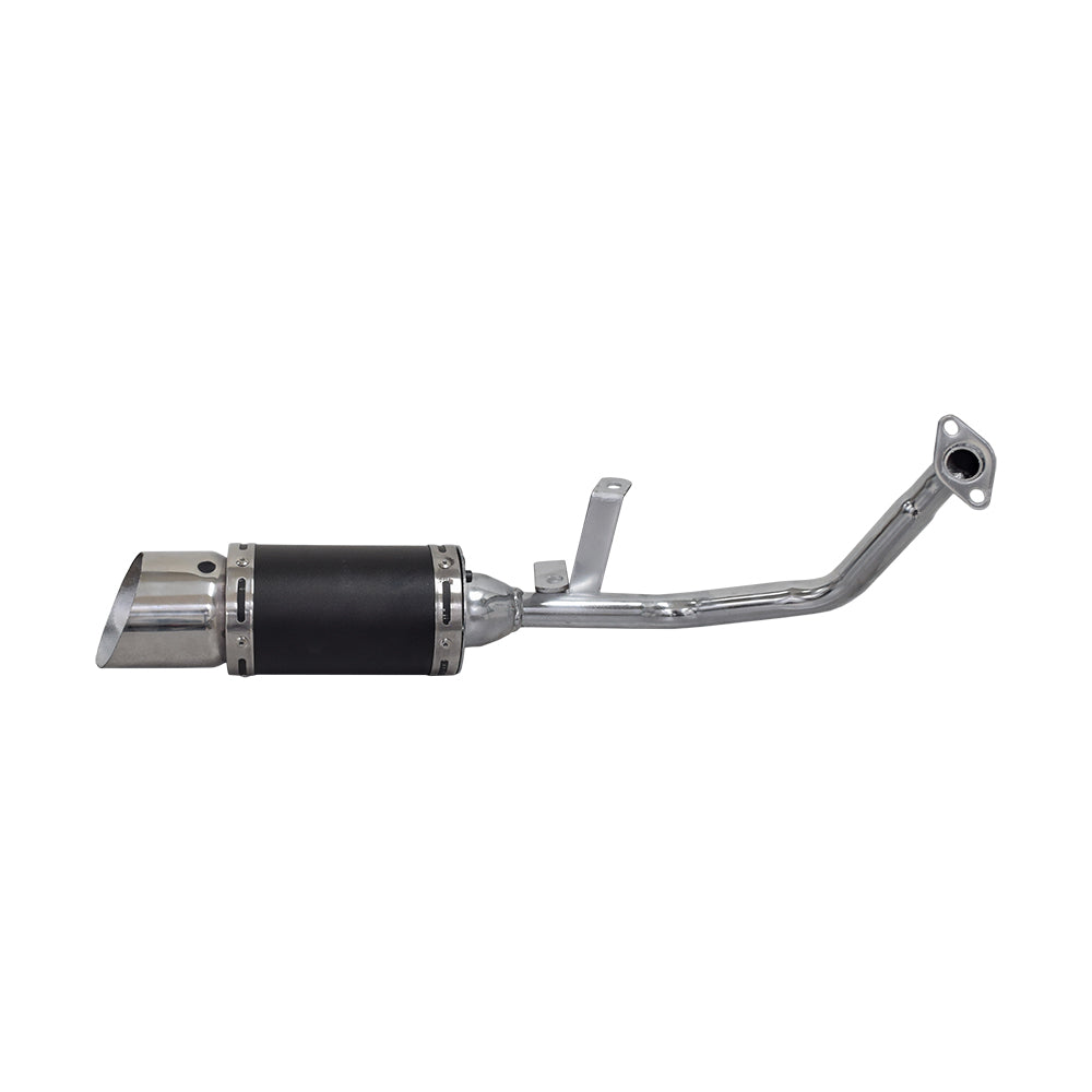 Short Performance Exhaust System for GY6 150cc Scooters & Go-Karts featuring a close-up of a sleek silver and black metal muffler and pipe assembly.