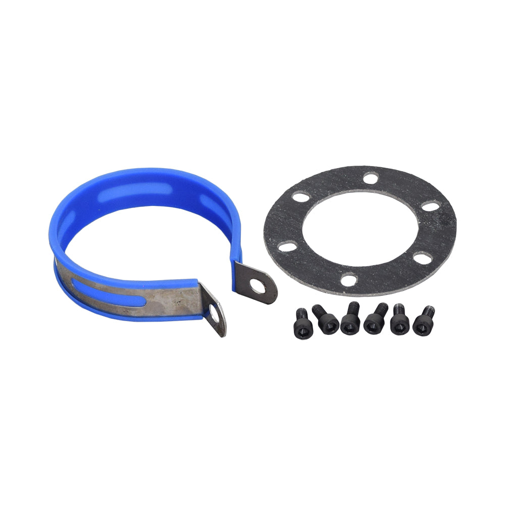 Short Performance Exhaust System for GY6 150cc Scooters & Go-Karts, featuring a blue and black metal muffler with screws and a visible gasket, designed for high performance and durability.