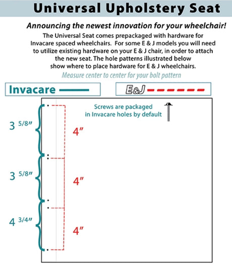 18W x 16D Vinyl Seat Base for Wheelchairs, shown in a detailed diagram, illustrating the mounting hole patterns compatible with Invacare and other wheelchair brands.