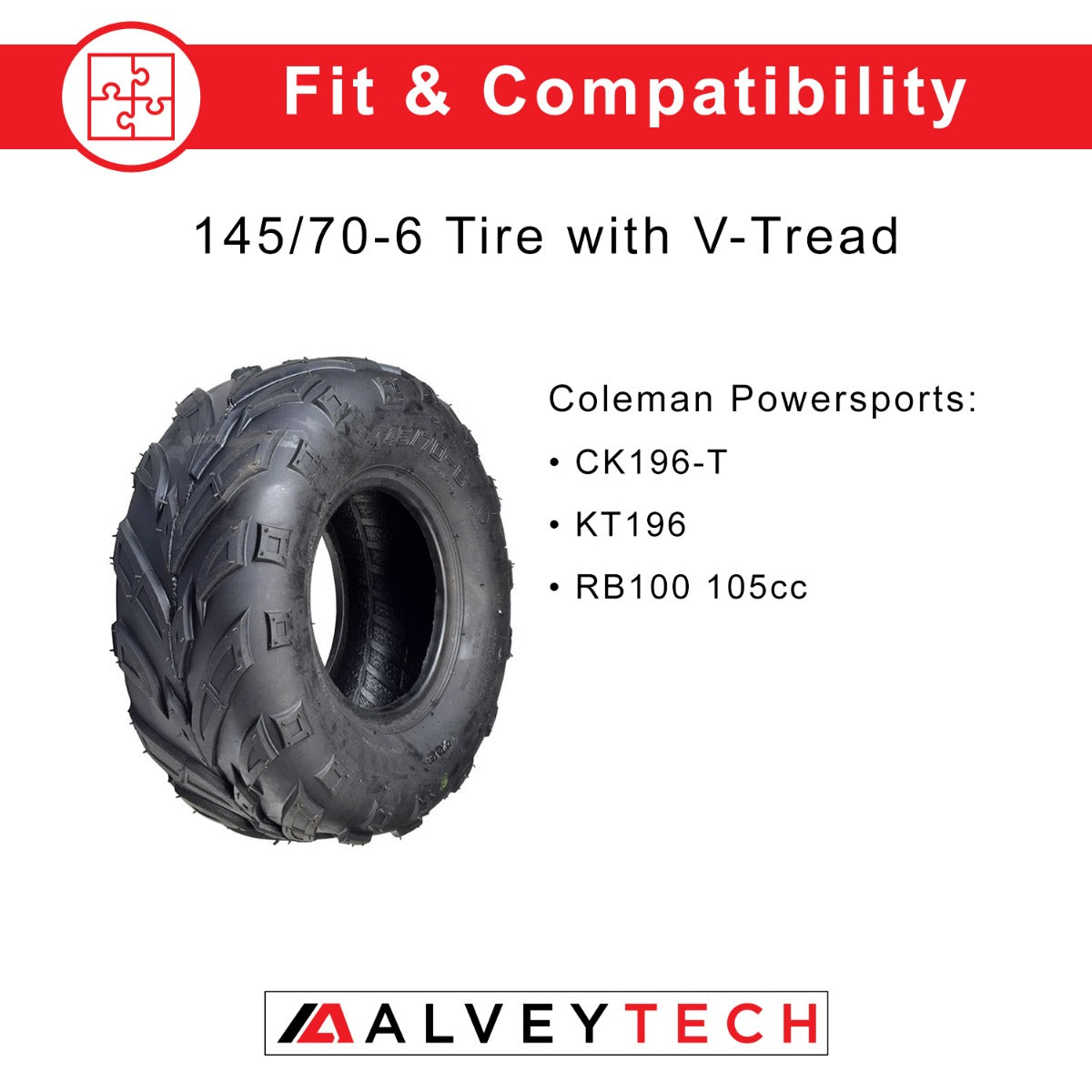 145/70-6 Front Tire with V-Tread for Coleman KT196 & CK196 Go-Karts, featuring an aggressive V-tread pattern for superior performance on loose surfaces like sand and gravel.