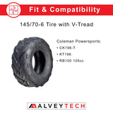 145/70-6 Front Tire with V-Tread for Coleman KT196 & CK196 Go-Karts, featuring an aggressive V-tread pattern for superior performance on loose surfaces like sand and gravel.