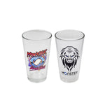 Monster Scooter Parts Pint Glass featuring two unique graphic designs, one with a face and another with a logo. Ideal for holding 16 oz. of your favorite beverage.