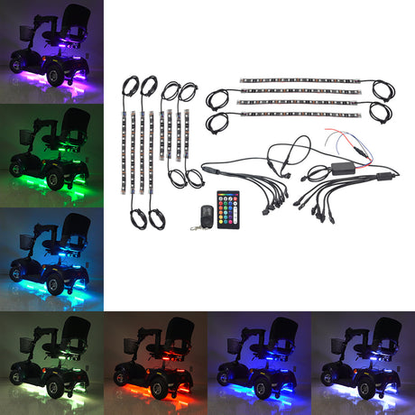 Multi-Color LED Light Kit for Mobility Scooters & Power Chairs shown in various light colors and modes, including solid, pulsing, and flashing, controlled via a remote.