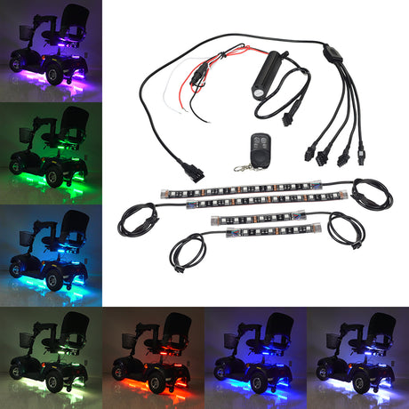 Multi-Color LED Light Kit for Mobility Scooters & Power Chairs displayed in a collage, featuring various scooters and wheelchairs illuminated with vibrant lights, and a remote for control.