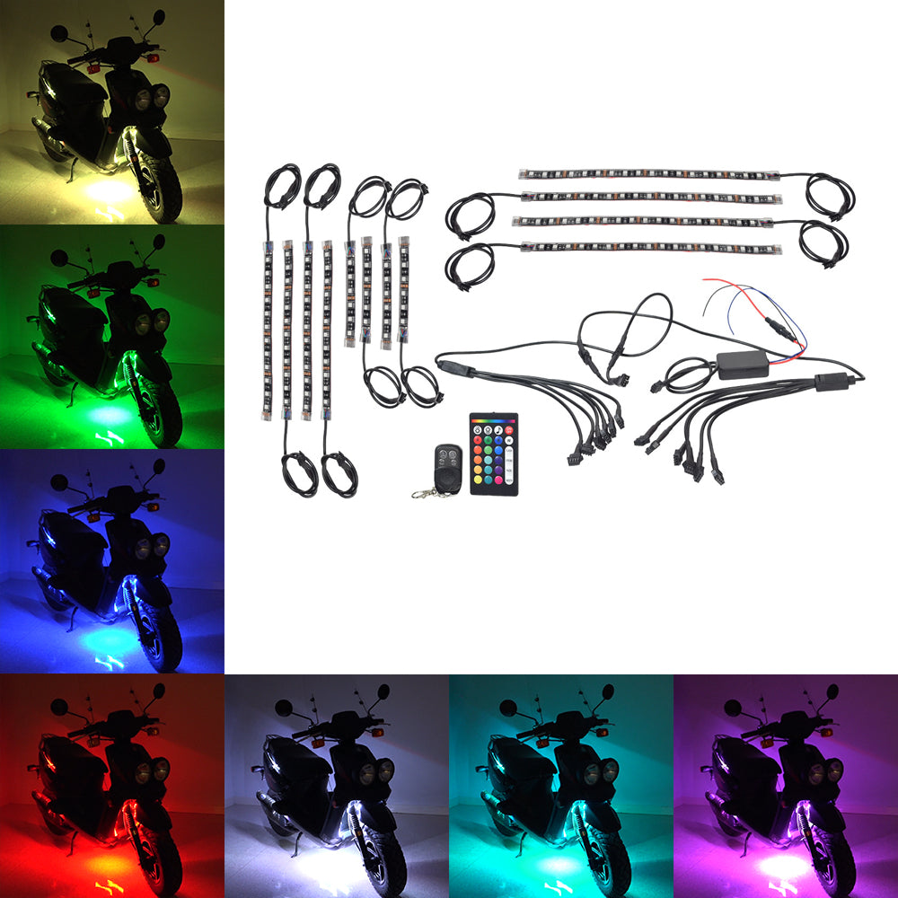 Multi-Color LED Light Kit for Street Scooters with various light functions, including solid, pulsing, fade, and flash, controlled by a remote. Features multiple light strips for customizable placement and a unique glowing effect.