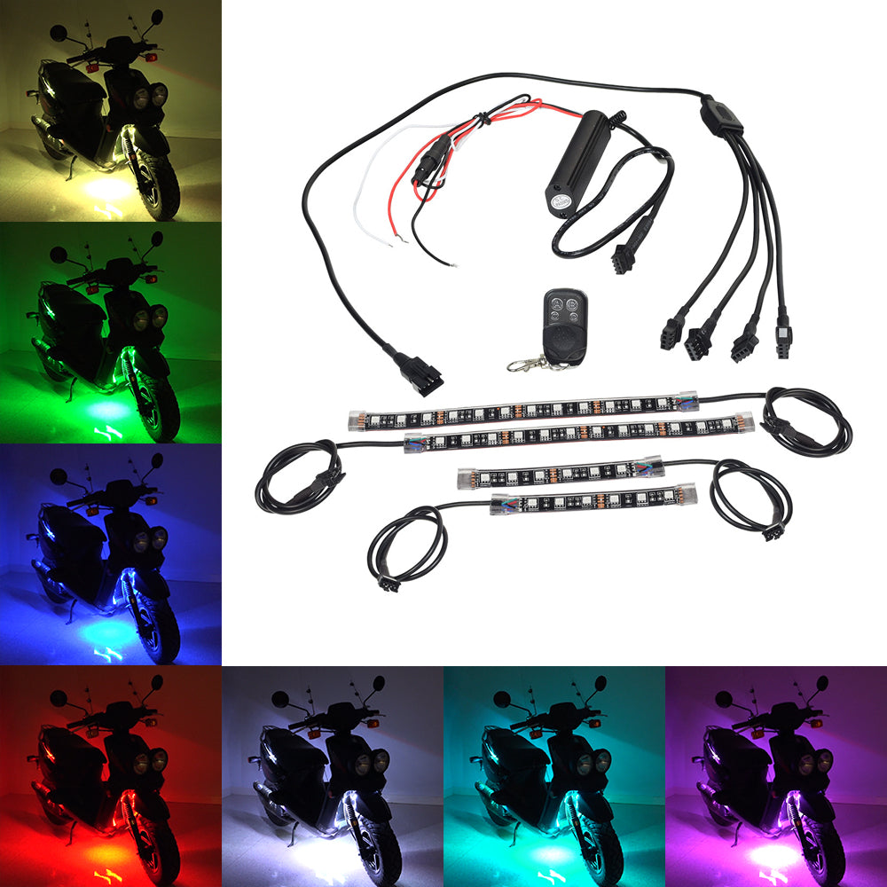 Multi-Color LED Light Kit for Street Scooters displayed with various vibrant light strips, a small hand-held remote, and black wires, showcasing its versatile and customizable lighting options for scooters.