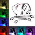 Multi-Color LED Light Kit for Street Scooters displayed with various vibrant light strips, a small hand-held remote, and black wires, showcasing its versatile and customizable lighting options for scooters.