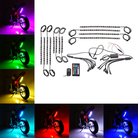 Multi-Color LED Light Kit for Razor Electric Bikes & Scooters, featuring multiple light strips in various colors, controlled by a handheld remote for effects like pulsing, strobe, and solid color.