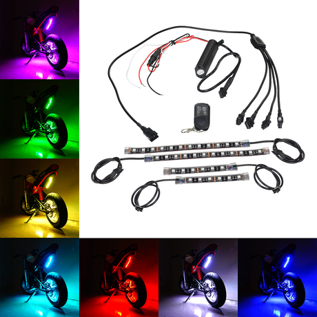 Multi-Color LED Light Kit for Razor Electric Bikes & Scooters, displayed on a motorcycle with vibrant, multicolored lights and a remote control for various lighting effects.