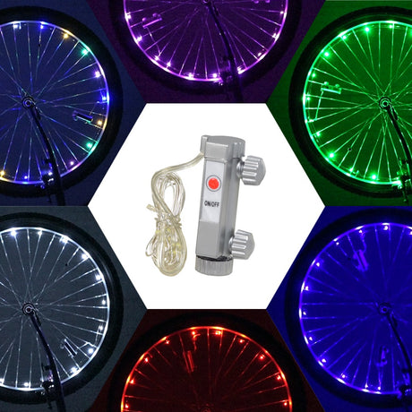 LED Bicycle Rim Spoke String Lights displayed on various bicycle wheels, showcasing their vibrant illumination and easy installation. A close-up highlights the switch and a silver device with a red button.