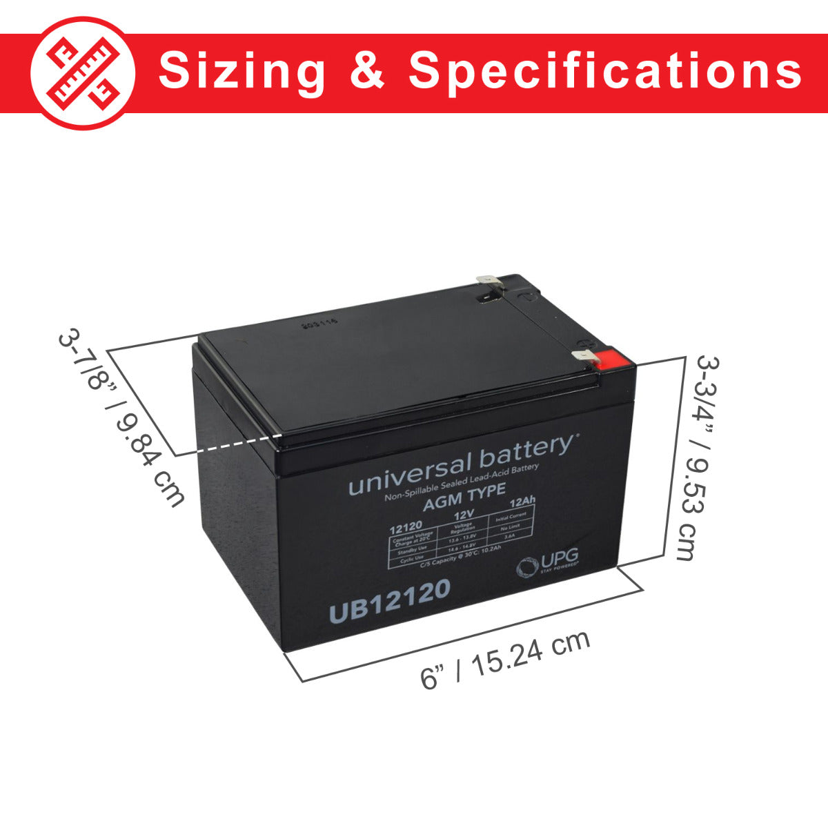 12 Ah 24 Volt UB12120 AGM Battery Pack, a rectangular black battery with white labeling, shown on a plain white background.