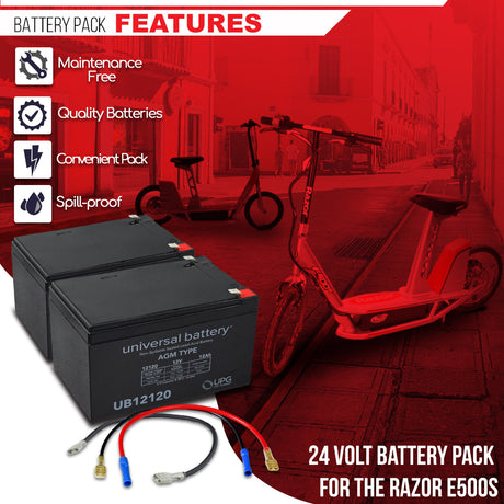 12 Ah 24 Volt UB12120 AGM Battery Pack next to a recreational scooter, showcasing the battery's size and compatibility with various scooter models.