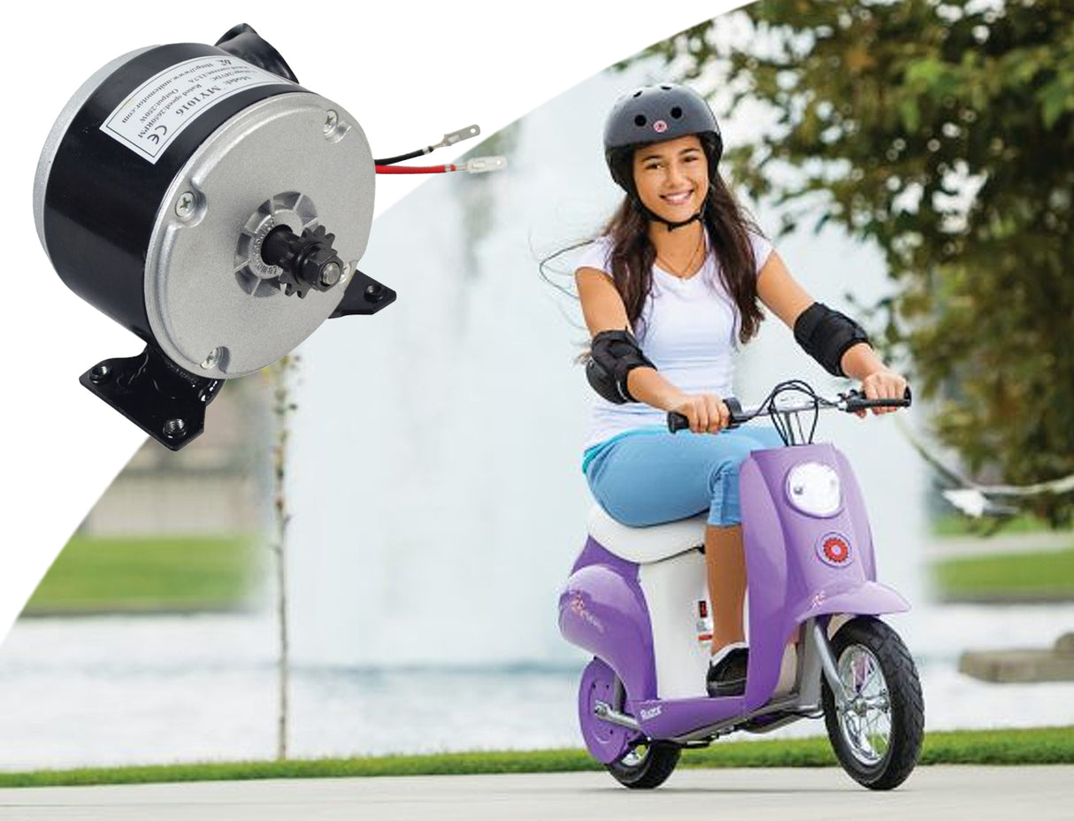 Woman riding a small purple scooter with a 24 Volt 250 Watt MY1016 Electric Motor, compatible with Razor E300 (Versions 1-35), Mini Chopper, MX350 (Versions 9+), MX400, Pocket Mod, Pocket Rocket, and Sport Mod.