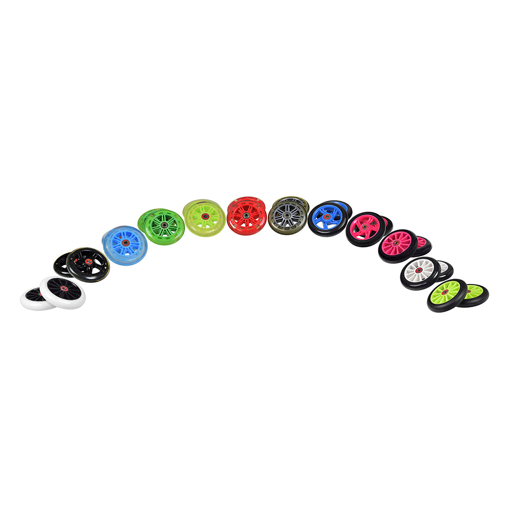 125 mm Razor A3 Kick Scooter Wheels with Bearings (Set of 2), featuring a close-up view of multiple colorful wheels, each with 608ZZ or 608-2RS ABEC-5 bearings installed.