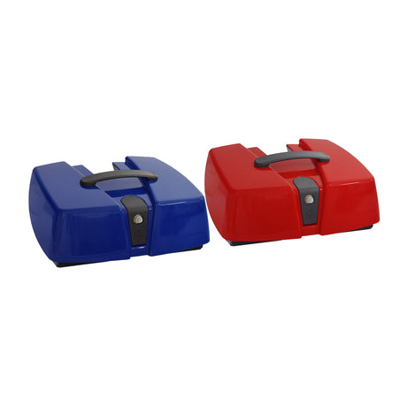 Battery Box Assembly with Batteries for the Go-Go Go-Chair, showing a sturdy rectangular box with a black handle, designed for convenient removal and charging, available in blue or red options.