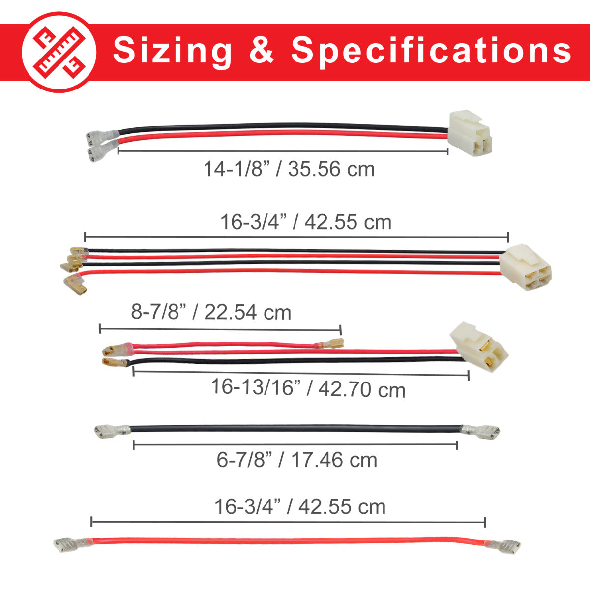 24 Volt Battery Pack for Razor E200 & Razor E225: Close-up of black and red electrical wires with measurements, part of a wiring harness for replacement scooter batteries.