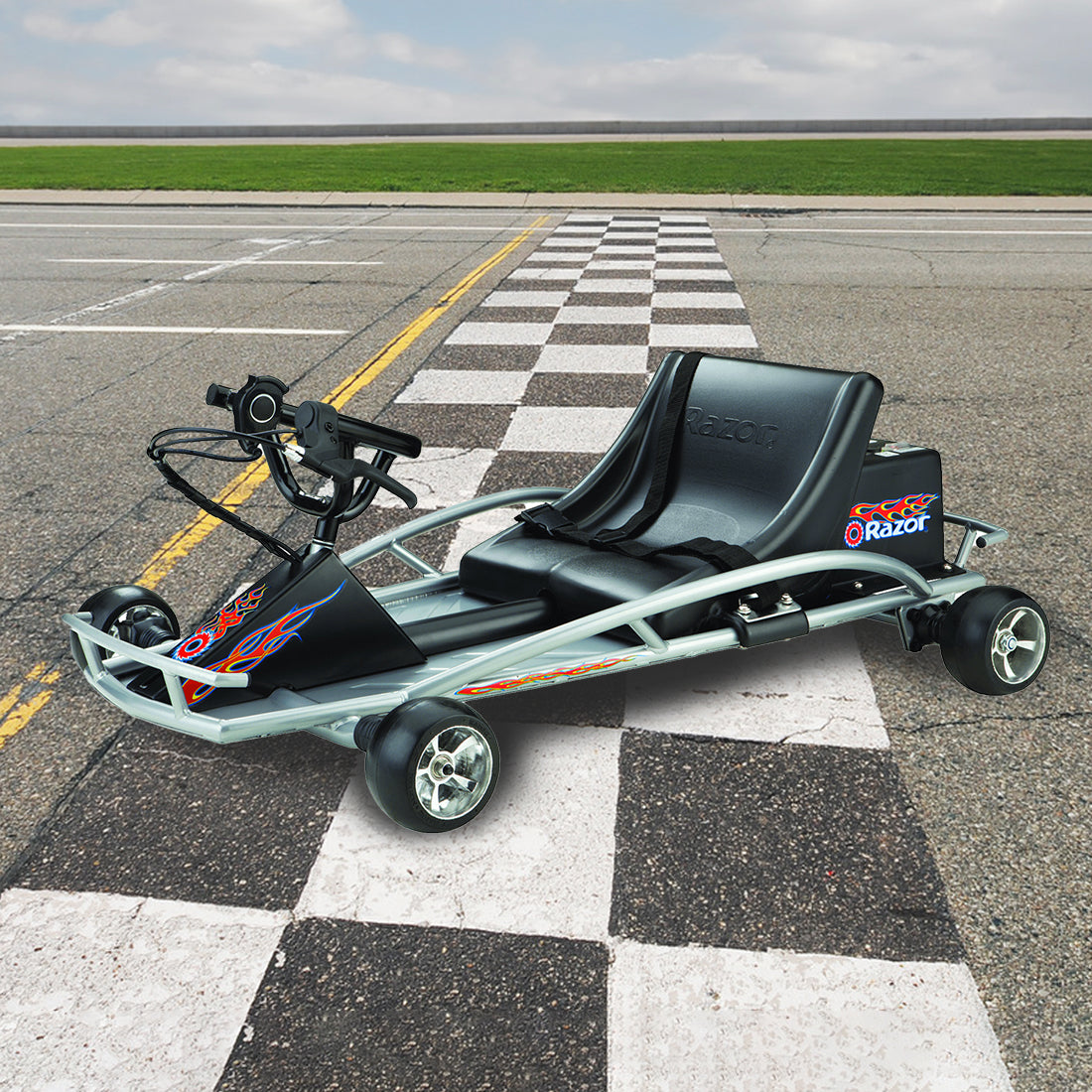 24 Volt Battery Pack for the Razor Ground Force Go-Kart shown installed on the go-kart, highlighting the small black and silver cart with visible wheels and seat.