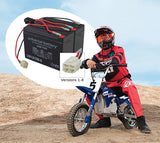 Person riding a dirt bike while displaying the 24 Volt Battery Pack for the Razor MX350, Versions 1-8, highlighting its application in extreme sports and off-roading with close-up of the battery.