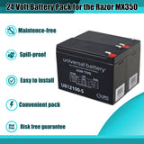 24 Volt Battery Pack for the Razor MX350, Versions 1-8, featuring a black rectangular battery with white text and red/white labels, ensuring compatibility and high quality for your dirt bike.