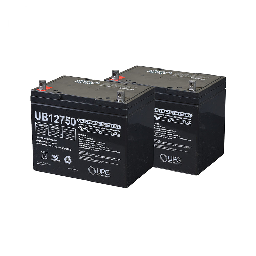 24 Volt Group 24 (75 Ah) Battery Pack for the Pride Pursuit XL (SC714), featuring two black, high-capacity AGM batteries with white text, non-spillable and maintenance-free.