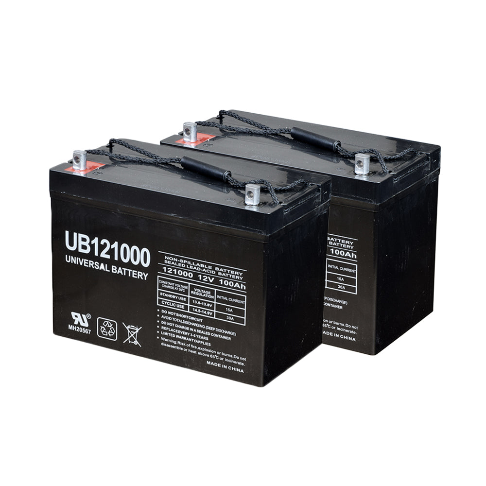 24 Volt Group 27 (100 Ah) Battery Pack for the Pride Ranger, featuring two black batteries with black wires, designed for high-capacity, maintenance-free power and safe, spill-proof performance.