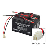 24 Volt Battery Pack for the Razor E275, featuring two black batteries with red and black wires and a close-up of the plug and label.