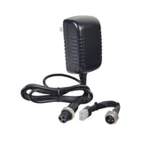 12 Volt Battery Charger with 2 Pin Wiring Harness Connector for Minimoto/Banzai Submersible, featuring a black power adapter with a built-in 2-pin plug and an additional 3-prong wiring harness adapter.