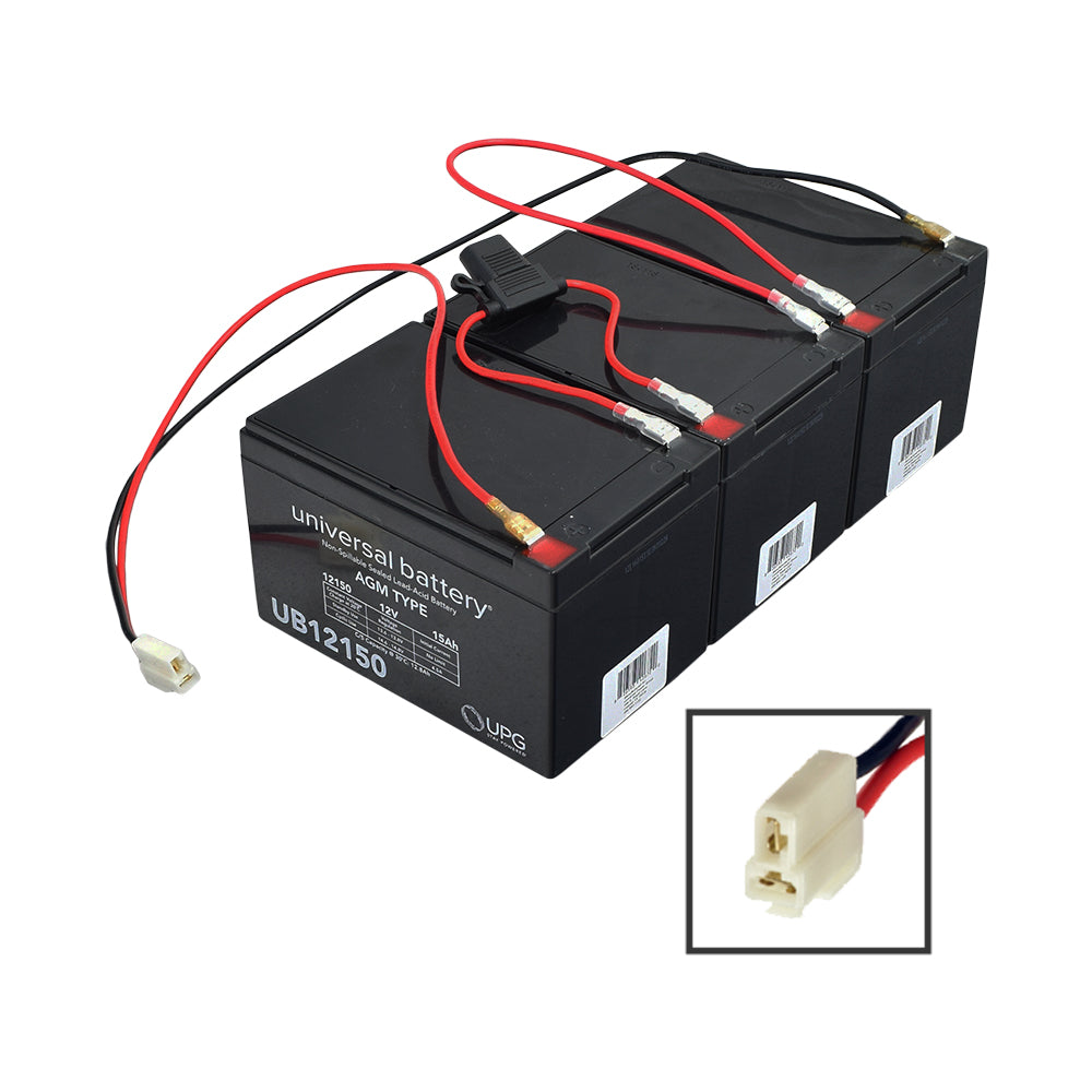 15 Ah 36 Volt Battery Pack for the Monster Moto / Mega Moto MM-E1000 Classic 1000w Electric Mini Bike, featuring three black batteries with red wires and a close-up plug.