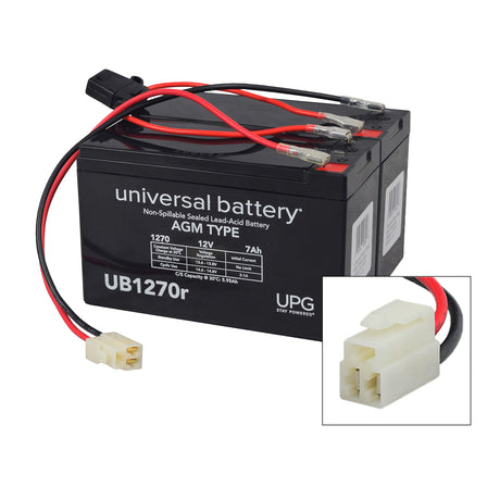 24 Volt Battery Pack for the Razor RSF350 Electric Sport Bike, featuring two black 12V batteries with red and black wires, close-up of plug, and a black and white label.