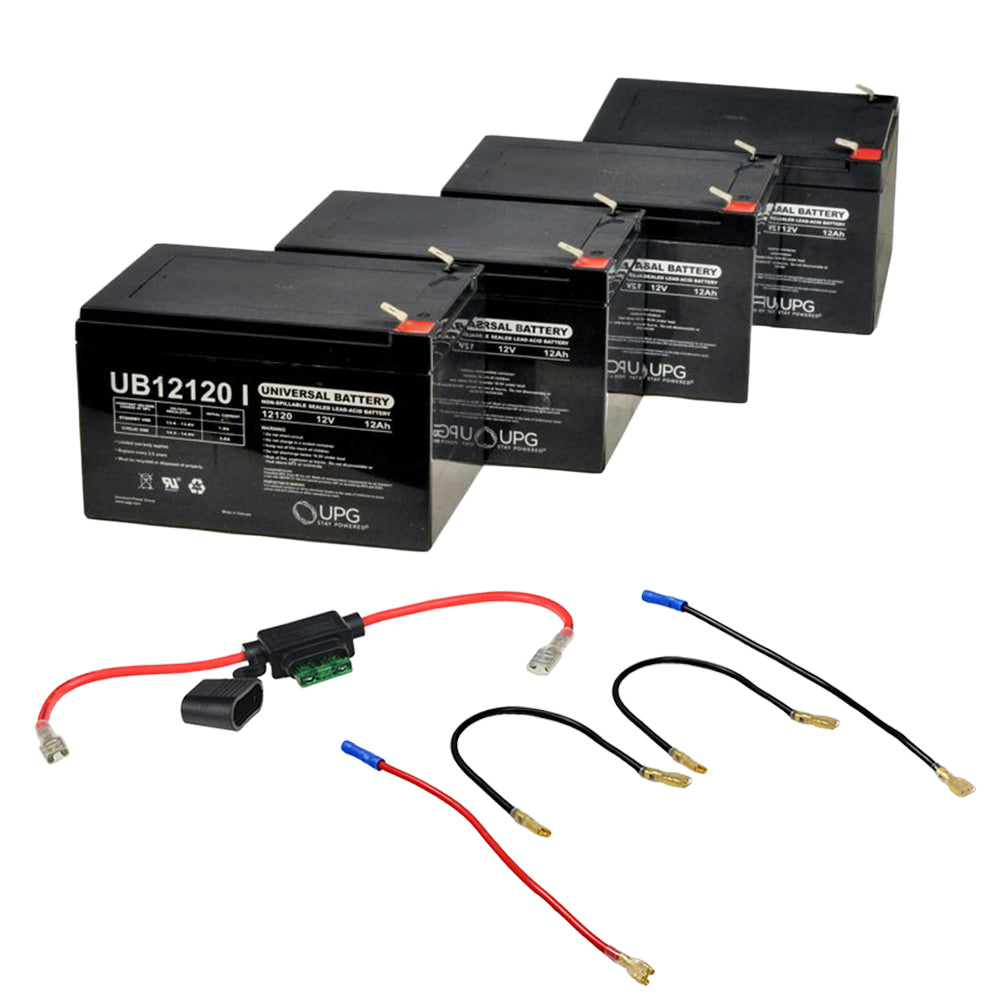 48 Volt AGM Battery Pack & Conversion Kit for the eWheels EW-29 Trike, featuring black batteries with attached wires and connectors, suitable for replacing old batteries and upgrading to F2 tab style connectors.