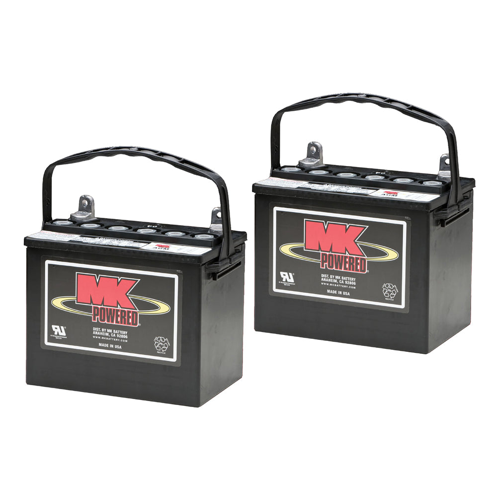 24 Volt U1 (32 Ah) AGM Mobility Scooter & Power Chair Battery (Made in USA), showing two black batteries with black handles and L-shaped post terminals.