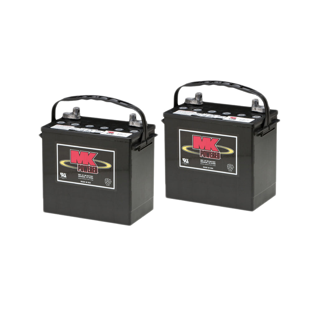 24 Volt 22NF (55 Ah) AGM Mobility Scooter & Power Chair Battery (Made in USA) shown as two black batteries with black handles on a white background, featuring red text and yellow rings.