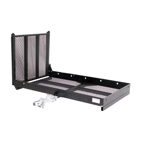 X-Large Mobility Scooter Carrier with a black metal tray and mesh panel, designed for heavy-duty transport. Features a fold-up ramp and durable construction for safe mobility scooter handling up to 500 lbs.