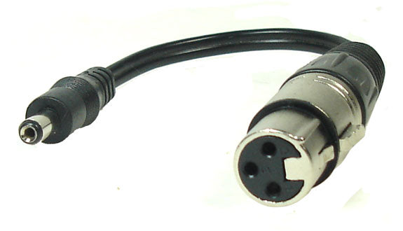 Close-up of the XLR-to-2.1 mm Coaxial Adapter showing its connectors, with the XLR end and the coaxial plug clearly visible.