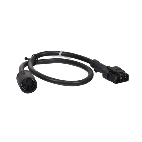 XLR Offboard Charger Harness for the Jazzy Select, Select 6, & Select 6 Ultra, showing a close-up of the black electrical plug and connecting black cable with a white label.