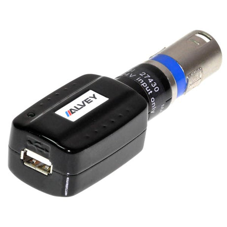 USB Charging Adapter for Scooters: A black and silver device with a blue and white stripe, featuring an XLR to USB connector for charging electronic devices from a scooter's charging port.