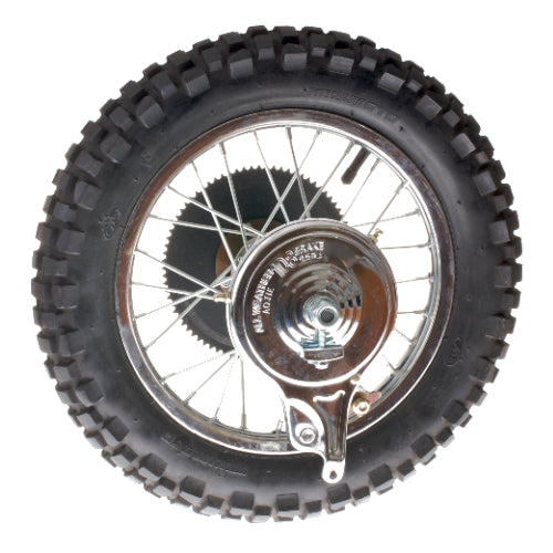 Close-up of a 15x2.5 Rear Wheel Assembly for the Minimoto Motocross XRF500, featuring a chrome spoked rim, tire, sprocket, and band brake assembly.