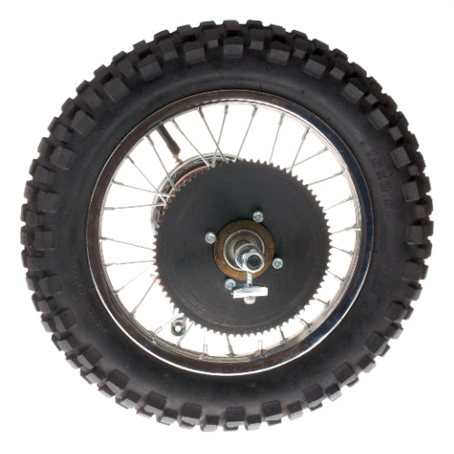 15x2.5 Rear Wheel Assembly for the Minimoto Motocross XRF500, showcasing a black tire with a chrome spoked rim, sprocket, and brake assembly.