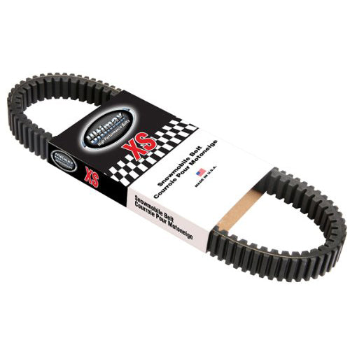 XS802 UltimaxXS Drive Belt for Snowmobiles featuring a black belt with a white label, designed for high horsepower sleds, offering superior performance and durability with advanced rubber compounds and strong aramid cord.