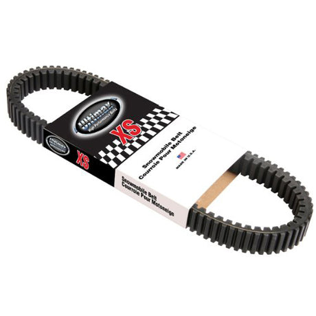 XS806 UltimaxXS drive belt for snowmobiles by Carlisle, featuring a black belt with a white label, designed for high horsepower sleds with superior performance and dependability.