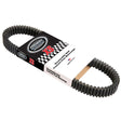 XS811 UltimaxXS Drive Belt for Snowmobiles by Carlisle, featuring a visible white label on a black belt, designed for high performance and durability with innovative rubber compounds and aramid cord.